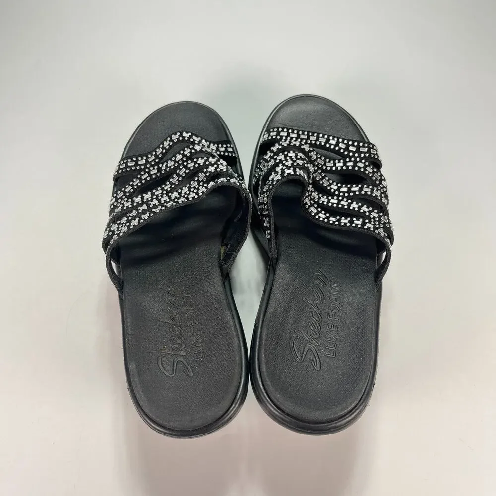 Skechers Rumble Up Funny Business Black Rhinestone Wedge Sandals Women's Size 11